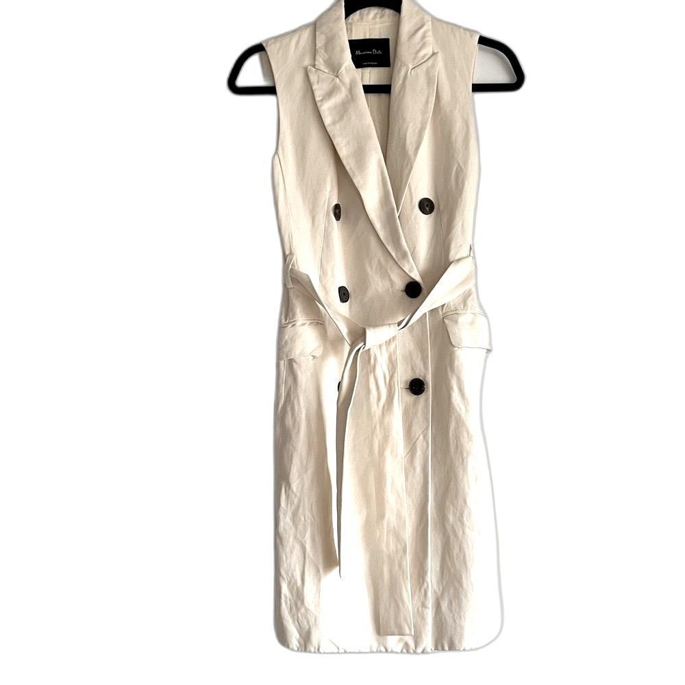 Massimo Dutti Double Breasted Belted Trench Vest Beige Size EUR 34